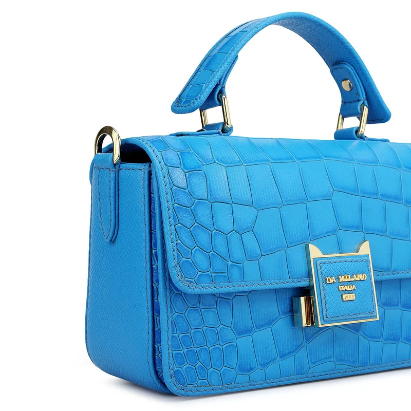 Da Milano Blue Small Croco Leather Satchel - Blue for Women | Best Price UAE